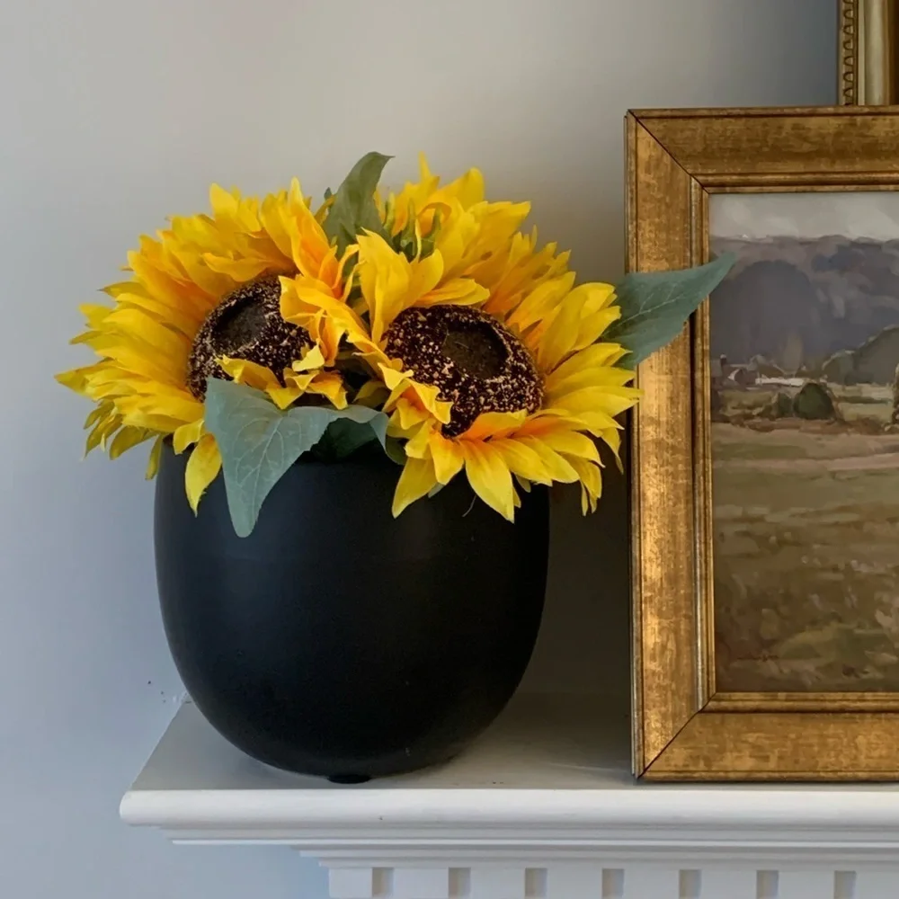 Sunflowers arrangement black large vase‎ home decor fall ceramic pot traditional